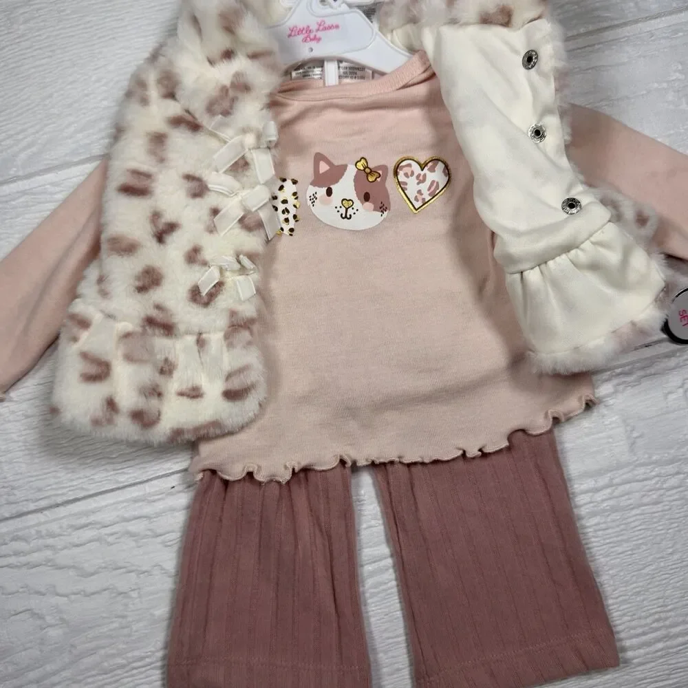 Little Lass Baby Girl 3-Piece Faux Fur Vest Outfit Pink Cheetah 0–3M NWT